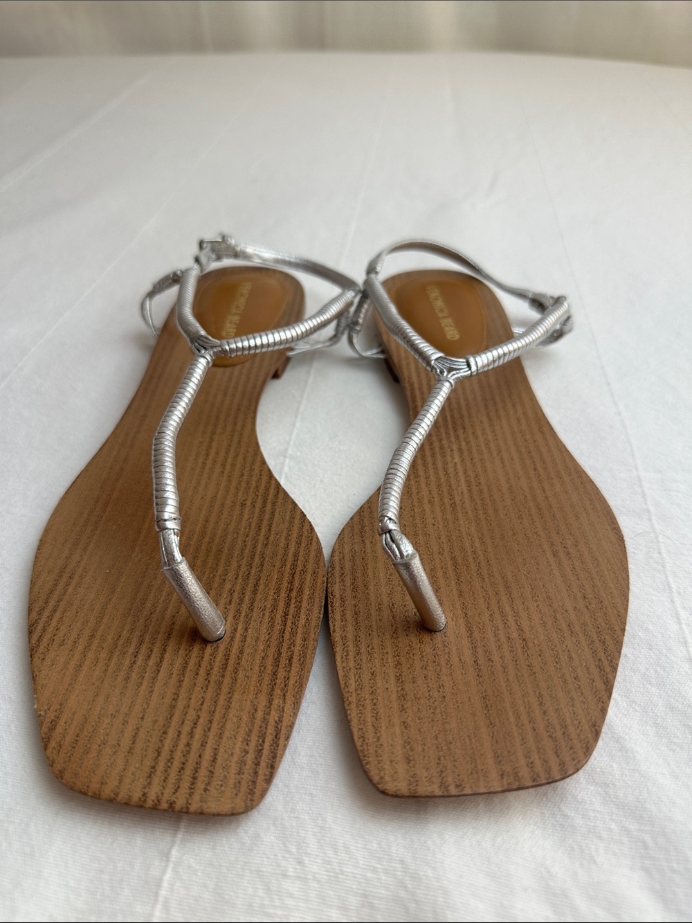 Veronica Beard Silver T‑Strap Flat Sandals